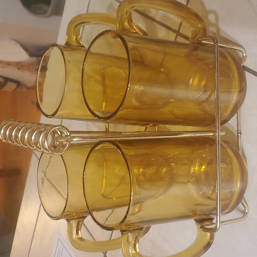 Vintage Set of 4 Amber Beer Glasses with Brass Caddy